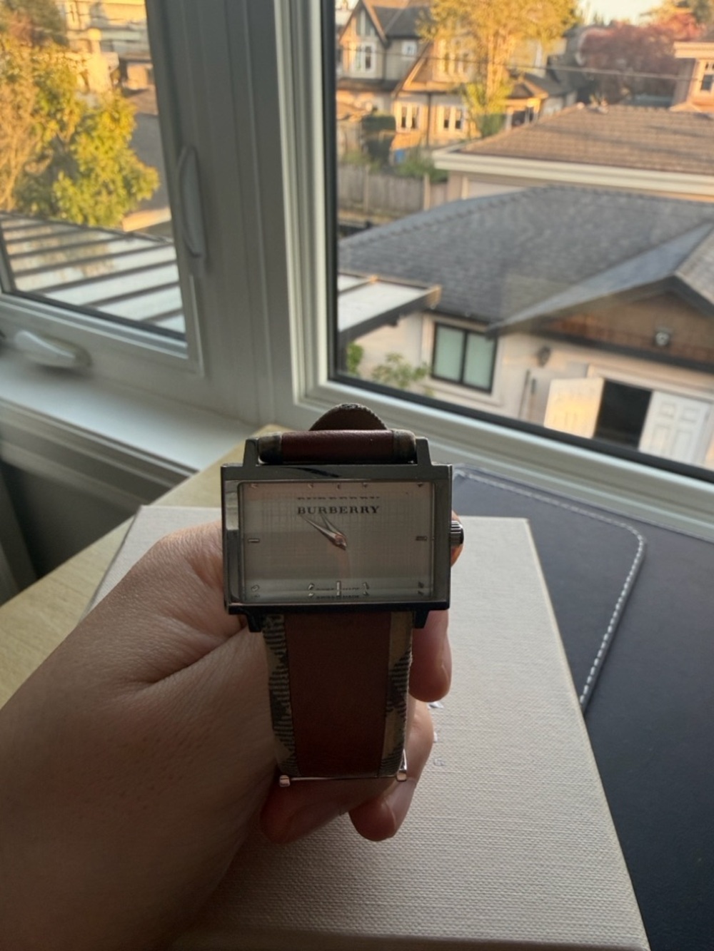Burberry Brown Leather Strap Square Dial Watch with Check Accent